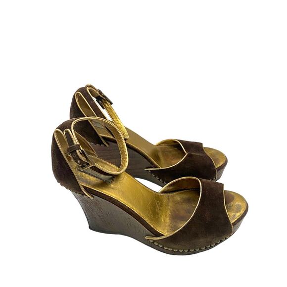 Prada Brown Suede Peep Toe Wedge Sandals Sz 37.5 (US 7) - Picture 1 of 8